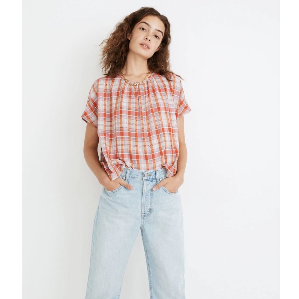 Madewell Plaid Boxy Top Cotton Relaxed Fit Short Sleeve Size XS Tartan